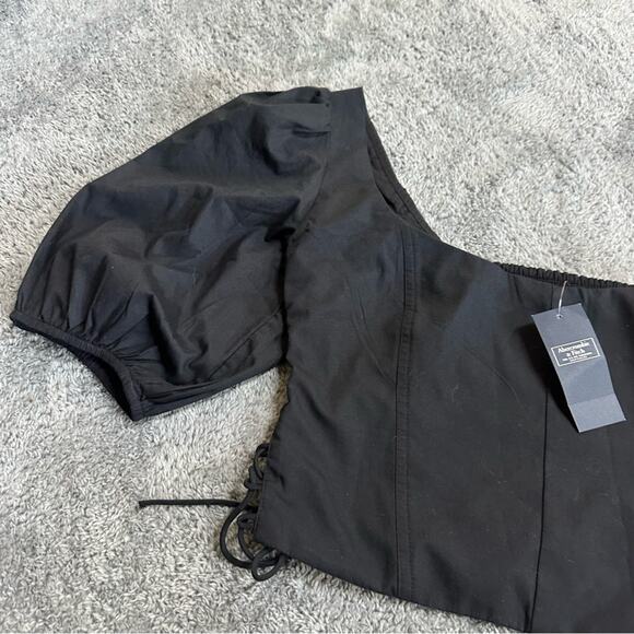NEW Abercrombie & Fitch Puff Sleeve Lace Up Crop Top Black Size Medium - Picture 10 of 11